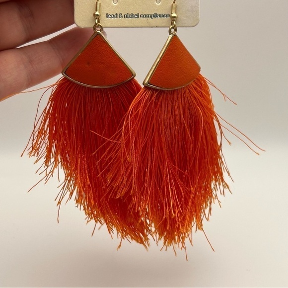 No. 3 Orange Genuine Leather Dangle Large Tassel Earrings Gold Tone Hook - Picture 6 of 6